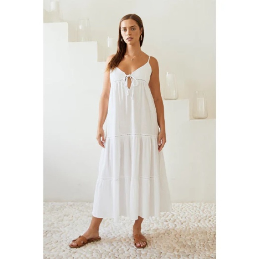 White Blanco By Nature Women’s Maxi Dress Tie Front Linen Material